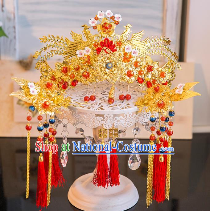 Aisan Chinese Handmade Classical Hair Accessories Hanfu Red Tassel Phoenix Coronet, China Xiuhe Suit Hairpins Wedding Headwear for Women