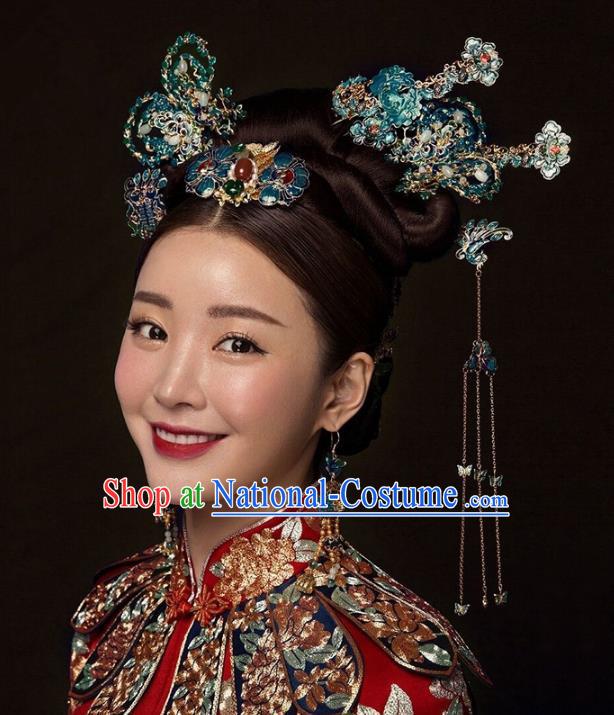 Chinese Handmade Classical Hair Accessories Cloisonne Butterfly Step Shake Complete Set, China Xiuhe Suit Tassel Hairpins Wedding Headwear for Women