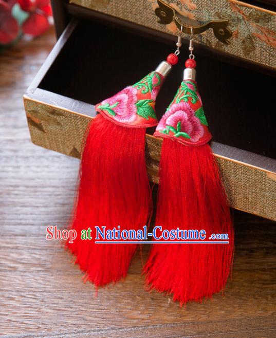 Top Grade Handmade Classical Hair Accessories Chinese Hanfu Red Tassel Earrings, China Ancient Princess Embroidery Eardrop for Women