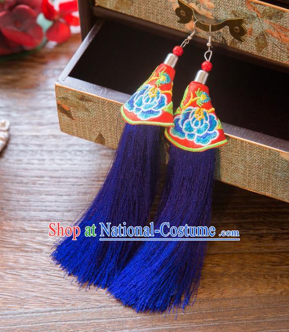 Top Grade Handmade Classical Hair Accessories Chinese Hanfu Royalblue Tassel Earrings, China Ancient Princess Embroidery Eardrop for Women