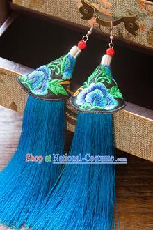 Top Grade Handmade Classical Hair Accessories Chinese Hanfu Blue Tassel Earrings, China Ancient Princess Embroidery Eardrop for Women