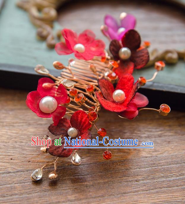 Aisan Chinese Handmade Classical Hair Accessories Hanfu Red Flowers Hair Comb, China Xiuhe Suit Wedding Headwear for Women