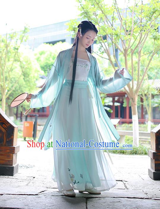 Traditional Asian Chinese Hanfu Swordswoman Costumes Song Dynasty Young Lady Embroidered Blue Cardigan Blouse and Pants Complete Set