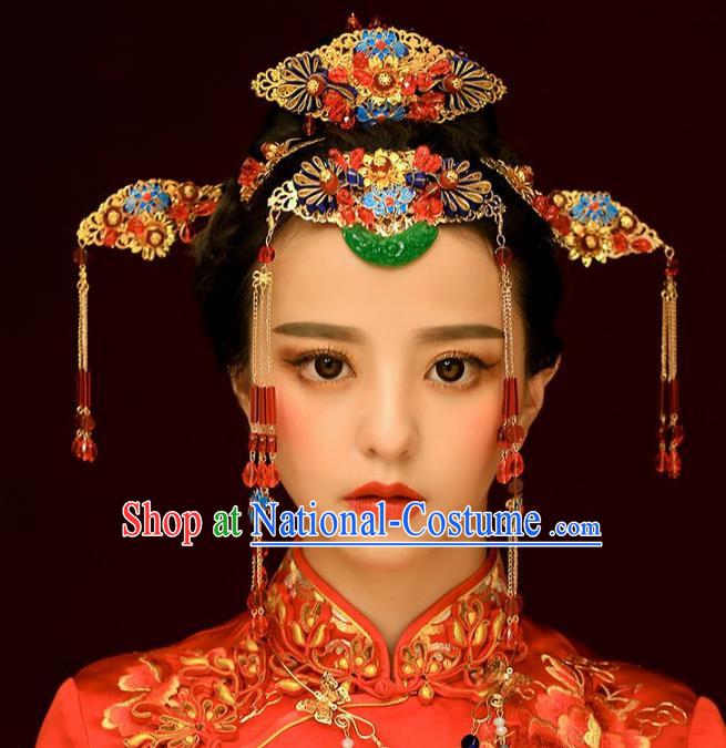 Chinese Handmade Classical Ancient Costume Jade Hair Accessories Complete Set, China Bride Xiuhe Suit Hairpins Blueing Phoenix Coronet Headwear for Women