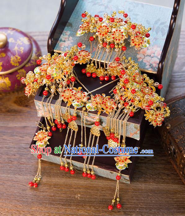 Chinese Handmade Classical Ancient Costume Red Beads Hair Accessories Complete Set, China Bride Xiuhe Suit Hairpins Phoenix Coronet Headwear for Women