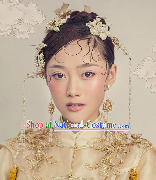 Chinese Handmade Classical Hair Accessories Pearls Flower Hair Clip Complete Set, China Xiuhe Suit Hairpins Hair Comb Wedding Headwear for Women