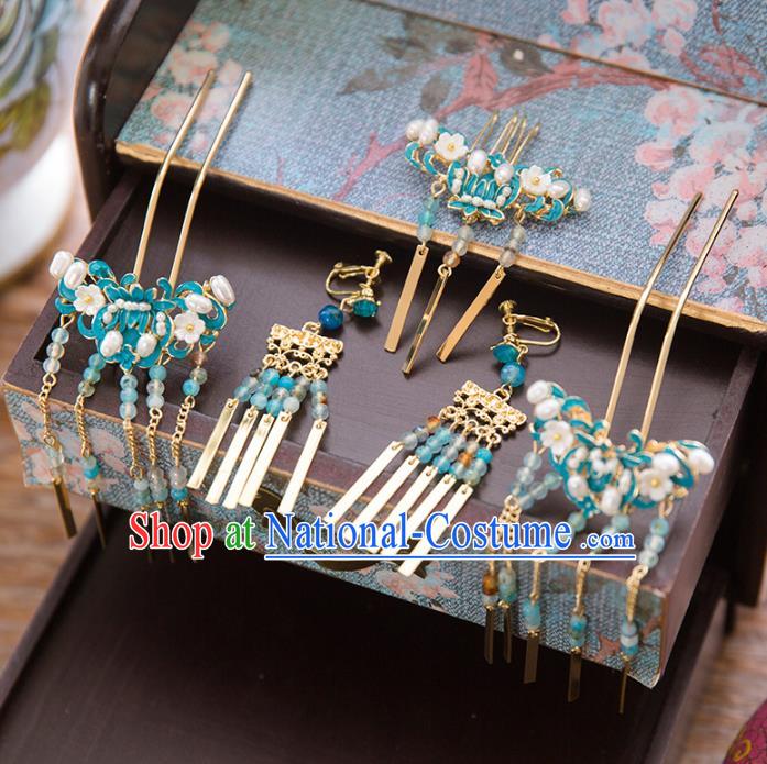 Chinese Handmade Classical Hair Accessories Blue Hair Comb Complete Set, China Xiuhe Suit Hairpins Wedding Headwear for Women