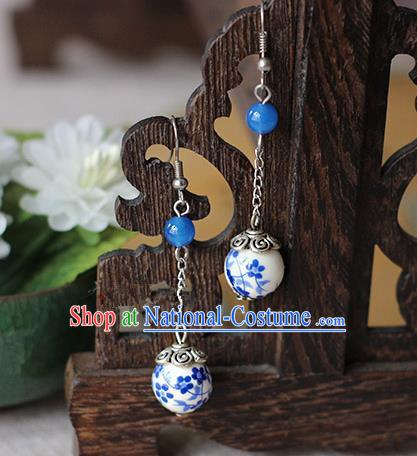 Chinese Handmade Classical Accessories Hanfu Blue and White Porcelain Tassel Earrings, China Xiuhe Suit Wedding Blue Bead Eardrop for Women