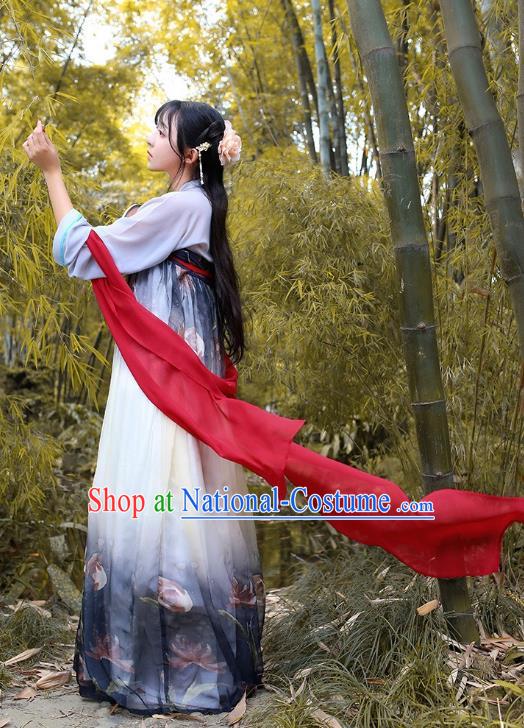 Traditional Chinese Hanfu Costumes Ancient Tang Dynasty Princess Grey Chiffon Blouse and Printing Slip Skirts Complete Set