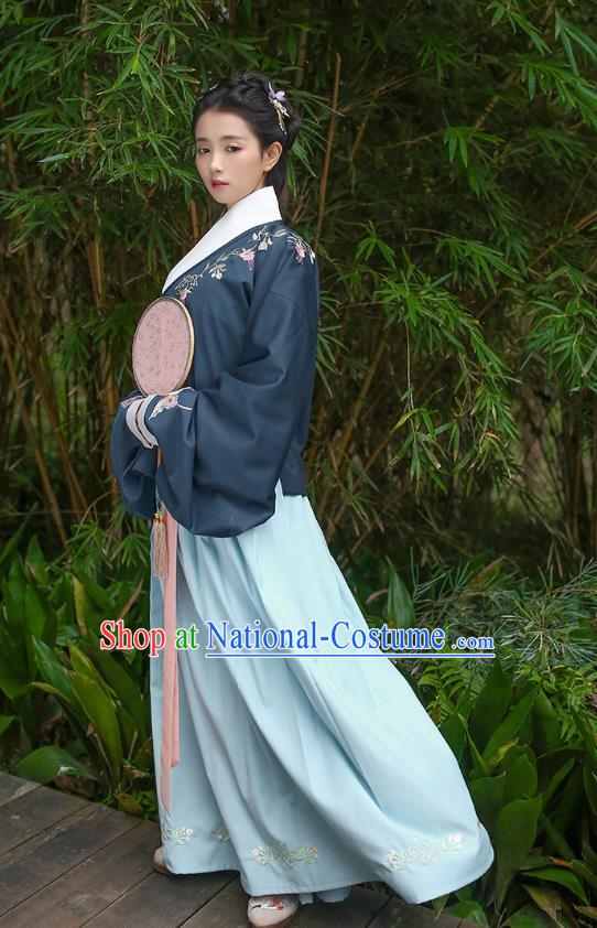 Traditional Asian Chinese Hanfu Costumes Ming Dynasty Princess Embroidered Slant Opening Navy Blouse and Blue Skirts Complete Set