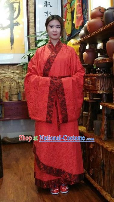 Traditional Oriental China Han Dynasty Wedding Costume Palace Lady Red Embroidered Hanfu Curve Bottom Clothing for Women