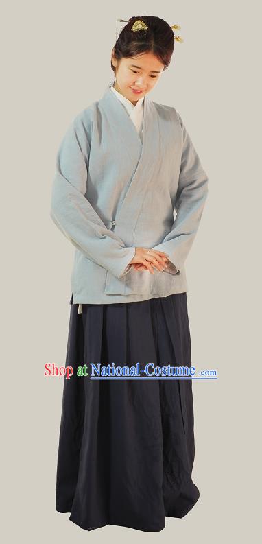 Traditional Chinese Ming Dynasty Young Lady Costumes Grey Linen Slant Opening Blouse for Women