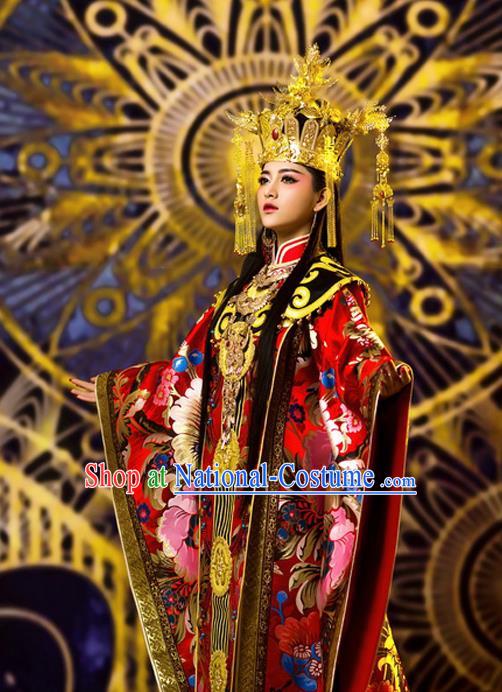 Traditional Ancient Chinese Imperial Concubine Costume and Headpiece Complete Set, Elegant Hanfu Chinese Tang Dynasty Empress Embroidered Clothing for Women