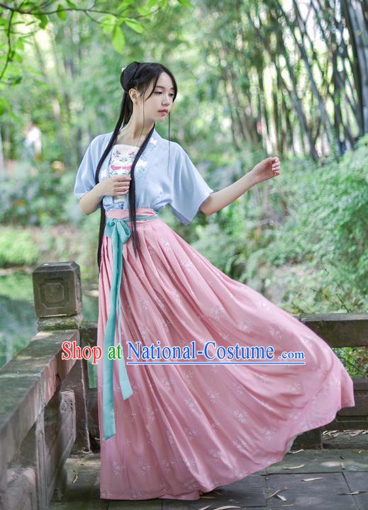 Ancient Chinese Royal Princess Hanfu Costume, Traditional China Song Dynasty Palace Lady Embroidery Blue Blouse and Pink Dress for Women