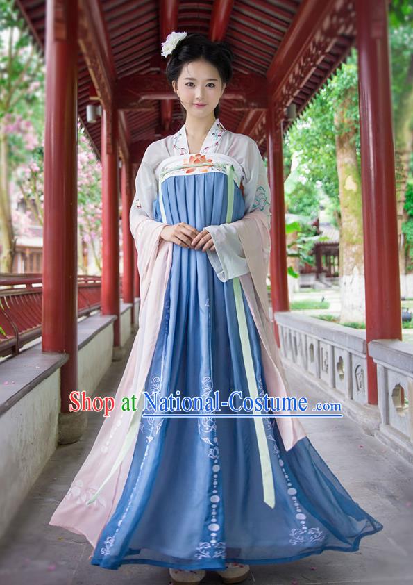 Ancient Chinese Imperial Concubine Hanfu Costume, Traditional China Tang Dynasty Palace Lady Embroidery White Blouse and Blue Slip Skirt for Women