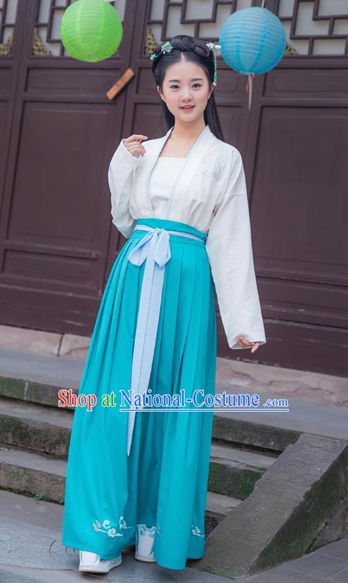 Traditional Chinese Ancient Young Lady Hanfu Costumes, Asian China Han Dynasty Palace Princess Blue Slip Skirts for Women