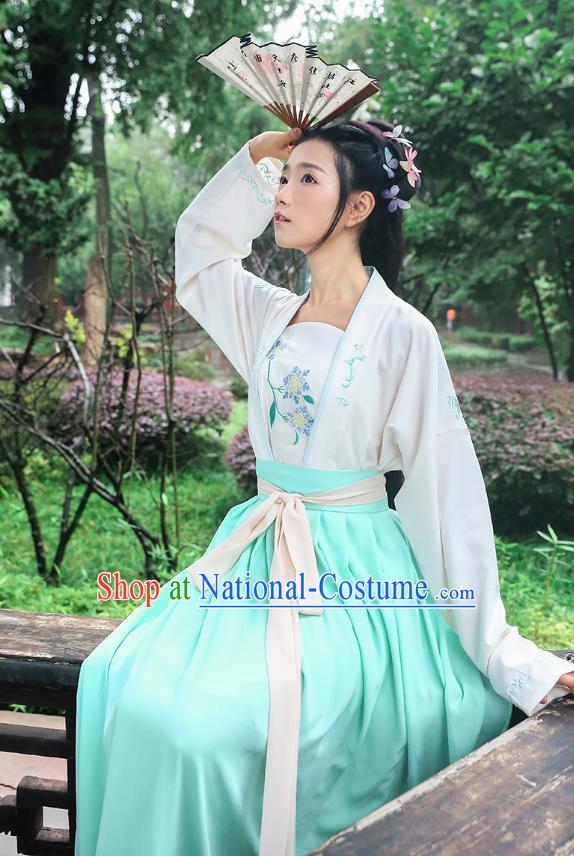 Traditional Chinese Ancient Young Lady Hanfu Costumes, Asian China Song Dynasty Palace Princess Embroidery White Blouse and Skirt for Women