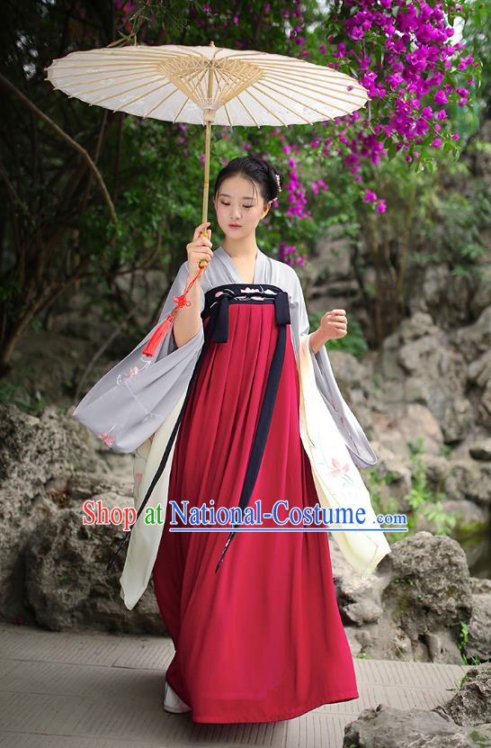 Traditional Chinese Ancient Hanfu Imperial Princess Costume, Asian China Tang Dynasty Palace Lady Embroidery Red Slip Dress for Women