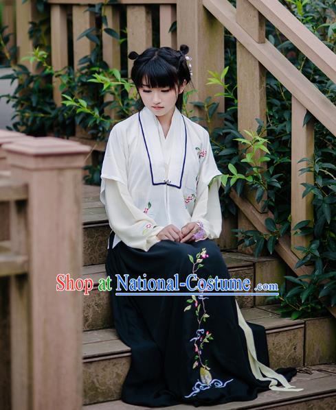 Traditional Chinese Ancient Hanfu Princess Costume, Asian China Song Dynasty Young Lady Embroidery White Half-Sleeves and Slip Dress for Women