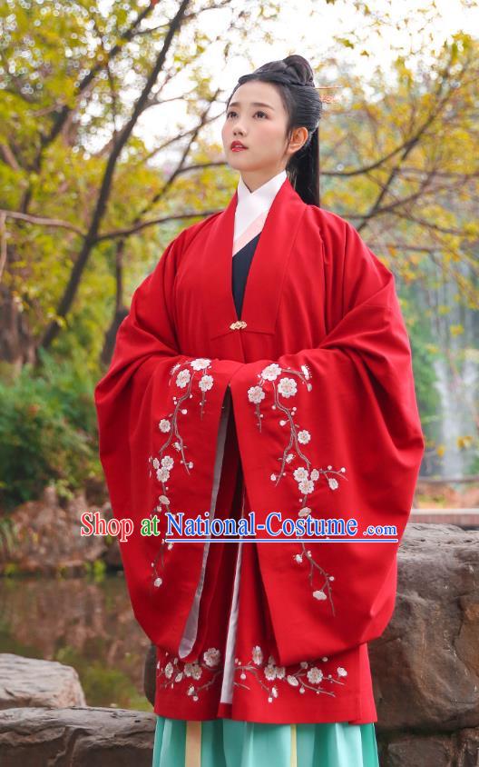 Traditional Chinese Ancient Hanfu Imperial Princess Costume, Asian China Ming Dynasty Palace Lady Embroidery Plum Blossom Red Cloak for Women