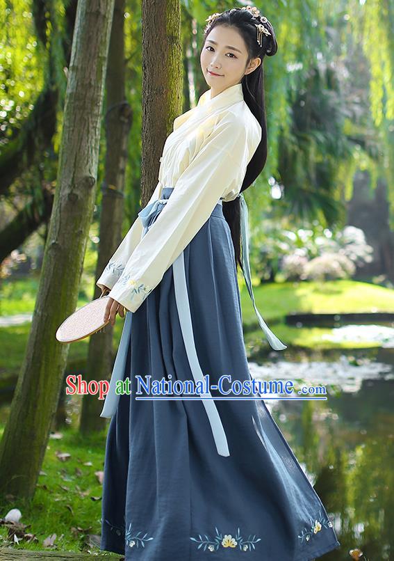 Traditional Chinese Ancient Princess Hanfu Costumes, Asian China Song Dynasty Palace Lady Embroidery Yellow Blouse and Navy Skirts for Women