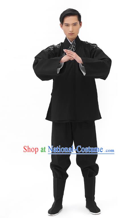 Traditional Chinese Ancient Hanfu Costumes, Asian China Han Dynasty Embroidered Black Shirt Upper Outer Garment for Men