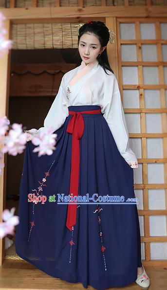 Traditional Chinese Ancient Young Lady Hanfu Costume, Asian China Song Dynasty Princess Embroidered Blouse and Navy Skirts for Women