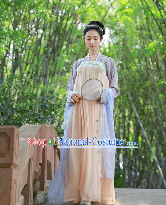 Traditional Chinese Ancient Hanfu Princess Costume, Asian China Tang Dynasty Palace Lady Embroidered Blouse and Pink Slip Skirts for Women