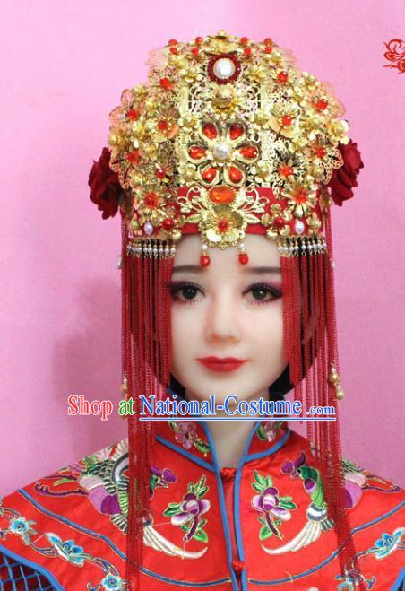 Traditional Handmade Chinese Hair Accessories Bride Wedding Xiuhe Suit Phoenix Coronet Complete Set, Empress Tassel Step Shake Hair Jewellery Hairpins for Women