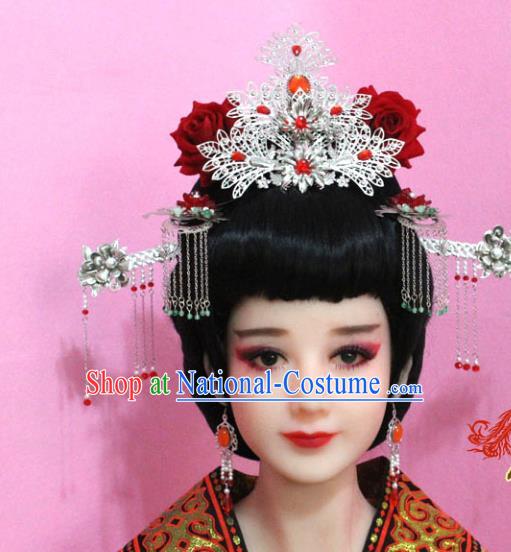 Traditional Handmade Chinese Hair Accessories Palace Lady Tassel Phoenix Coronet Complete Set, Xiuhe Suit Hair Jewellery Hairpins for Women