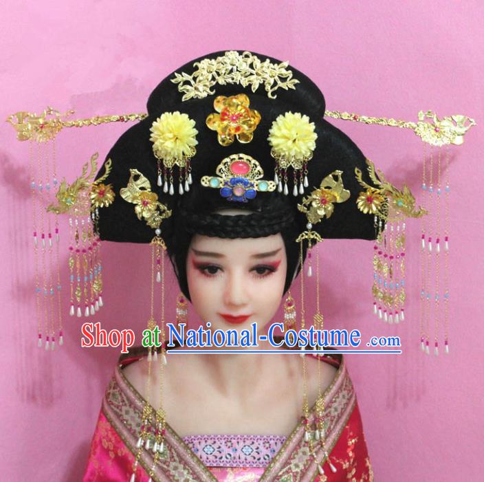 Traditional Handmade Chinese Hair Accessories Palace Lady Empress Flowers Headwear, Imperial Concubine Tassel Step Shake Hairpins for Women