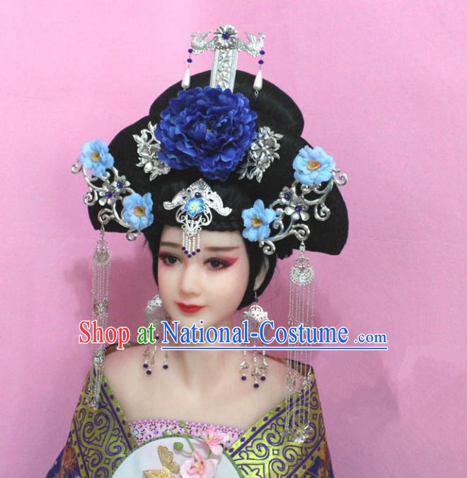 Traditional Handmade Chinese Hair Accessories Palace Lady Empress Blue Peony Headwear, Imperial Concubine Tassel Step Shake Hairpins for Women