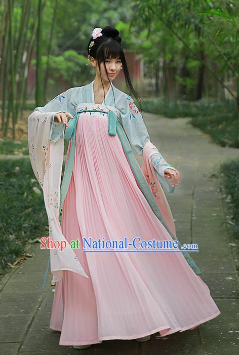 Traditional Chinese Ancient Hanfu Princess Costume Embroidered Pink Slip Skirt, Asian China Tang Dynasty Palace Lady Clothing for Women