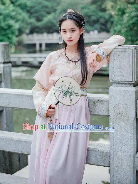 Traditional Chinese Ancient Palace Lady Costume, Asian China Tang Dynasty Royal Princess Embroidered Pink Blouse and Slip Skirts for Women