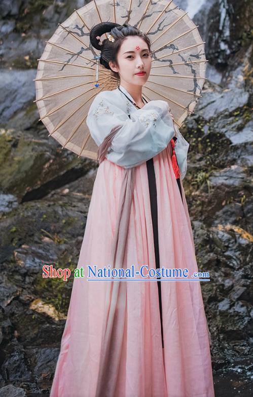 Traditional Chinese Ancient Palace Lady Costume, Asian China Tang Dynasty Princess Embroidered Pink Dress Clothing for Women