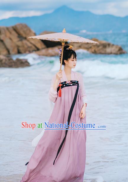 Traditional Chinese Ancient Palace Lady Costume, Asian China Tang Dynasty Princess Embroidered Blouse and Purple Slip Skirts for Women