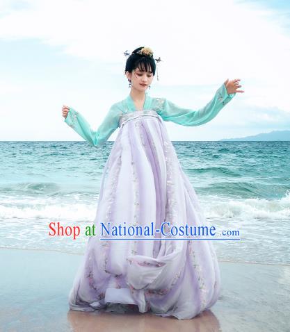 Traditional Chinese Ancient Palace Lady Costume, Asian China Tang Dynasty Princess Embroidered Green Blouse and Lilac Slip Skirts for Women