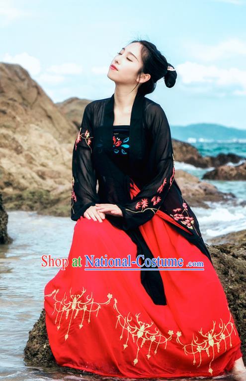 Traditional Chinese Ancient Palace Lady Costume, Asian China Song Dynasty Princess Embroidered Black BeiZi and Slip Skirts for Women