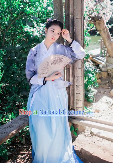 Traditional Chinese Ancient Palace Lady Costume, Asian China Tang Dynasty Princess Embroidered Slip Skirt Half-Sleeves for Women