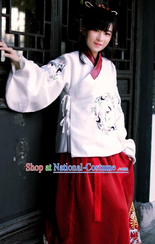 Traditional Chinese Ancient Palace Lady Costume, Asian China Ming Dynasty Princess Embroidered Crane Blouse and Slip Skirt for Women