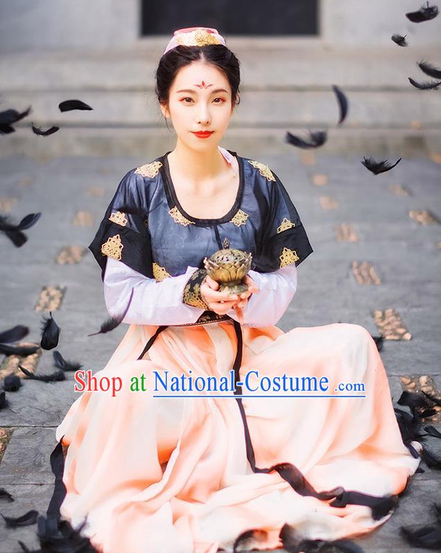 Traditional Chinese Ancient Palace Lady Costume, Asian China Tang Dynasty Princess Embroidered Black Half-Sleeves Slip Skirt for Women