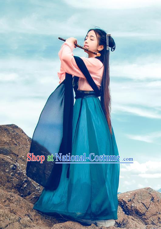 Traditional Chinese Ancient Palace Lady Costume, Asian China Tang Dynasty Princess Embroidered Blouse and Blue Slip Skirt for Women