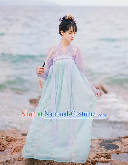 Traditional Chinese Ancient Palace Lady Costume, Asian China Tang Dynasty Princess Embroidered Pink Blouse and Blue Skirts for Women