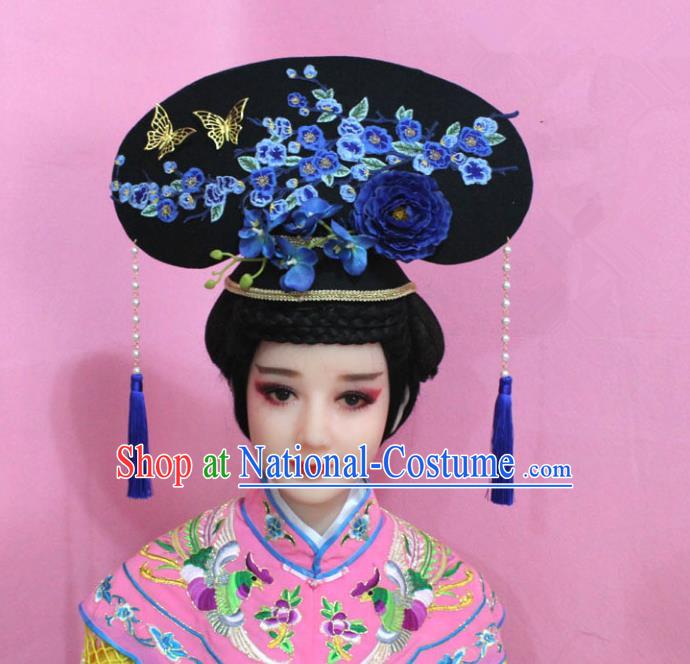 Traditional Handmade Chinese Hair Accessories Qing Dynasty Palace Lady Blue Plum Blossom Headwear, Manchu Imperial Concubine Hairpins for Women