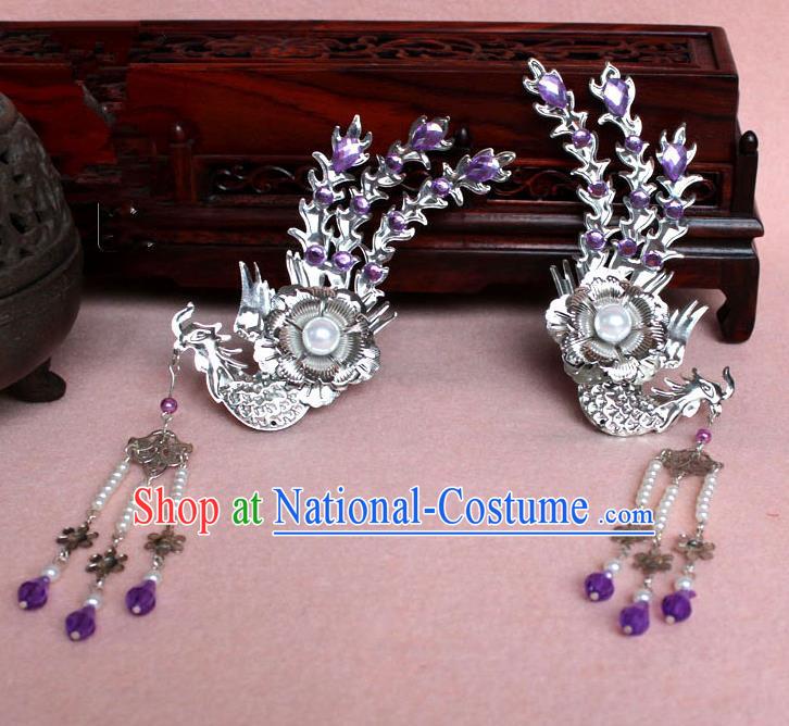 Traditional Handmade Chinese Hair Accessories Princess Purple Phoenix Hairpins, Tang Dynasty Palace Lady Tassel Step Shake for Women