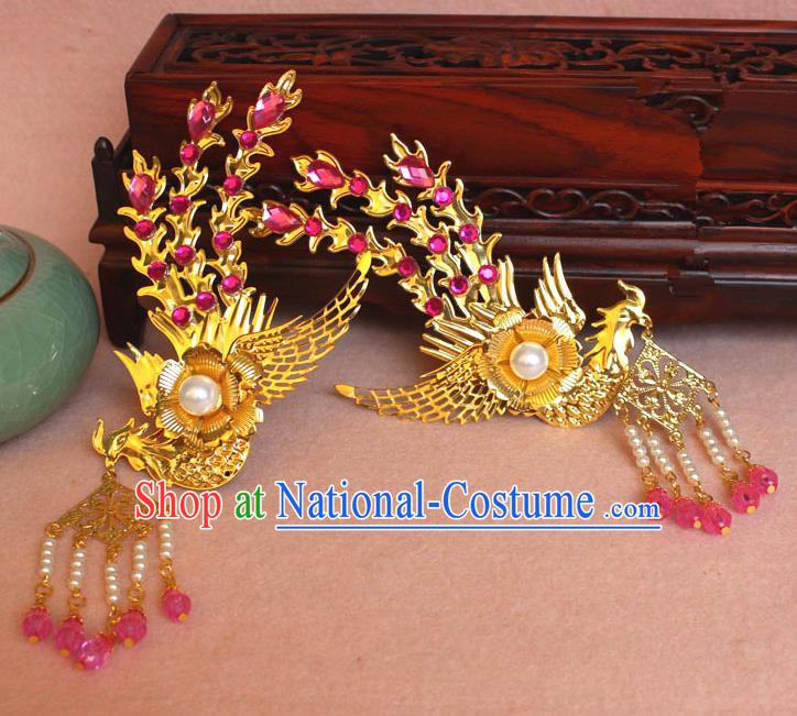 Traditional Handmade Chinese Hair Accessories Princess Golden Phoenix Hairpins, Ming Dynasty Palace Lady Pink Tassel Step Shake Frontlet for Women