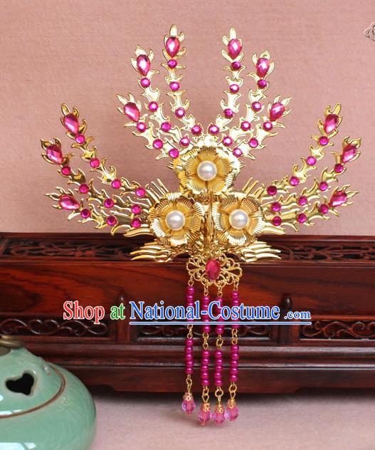 Traditional Handmade Chinese Hair Accessories Princess Golden Phoenix Frontlet Hairpins, Ming Dynasty Palace Lady Rosy Tassel Step Shake for Women