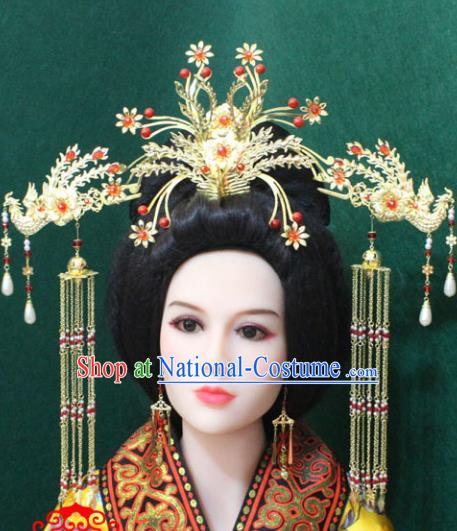 Traditional Handmade Chinese Hair Accessories Phoenix Coronet Complete Set, China Han Dynasty Phoenix Tassel Hairpins for Women