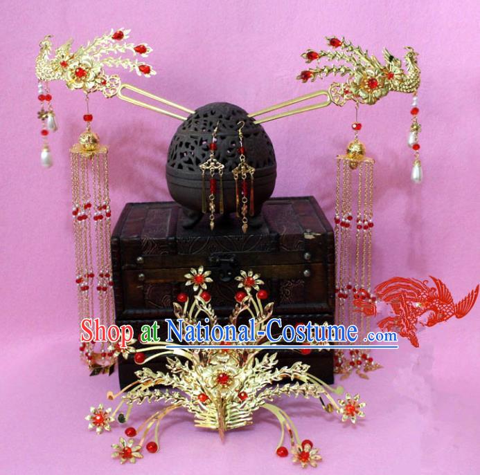 Traditional Handmade Chinese Ancient Classical Hair Accessories Bride Wedding Barrettes Empress Phoenix Coronet Hairpins