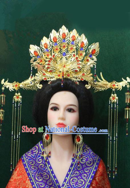 Traditional Handmade Chinese Hair Accessories Big Phoenix Coronet Complete Set, China Tang Dynasty Phoenix Tassel Hairpins for Women